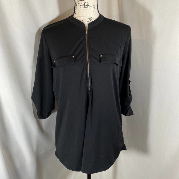 FYLO Woman's Crew Neck 1/2 Zipper Down Roll Up Sleeve Black Stretch Blouse Sz M - Picture 1 of 7